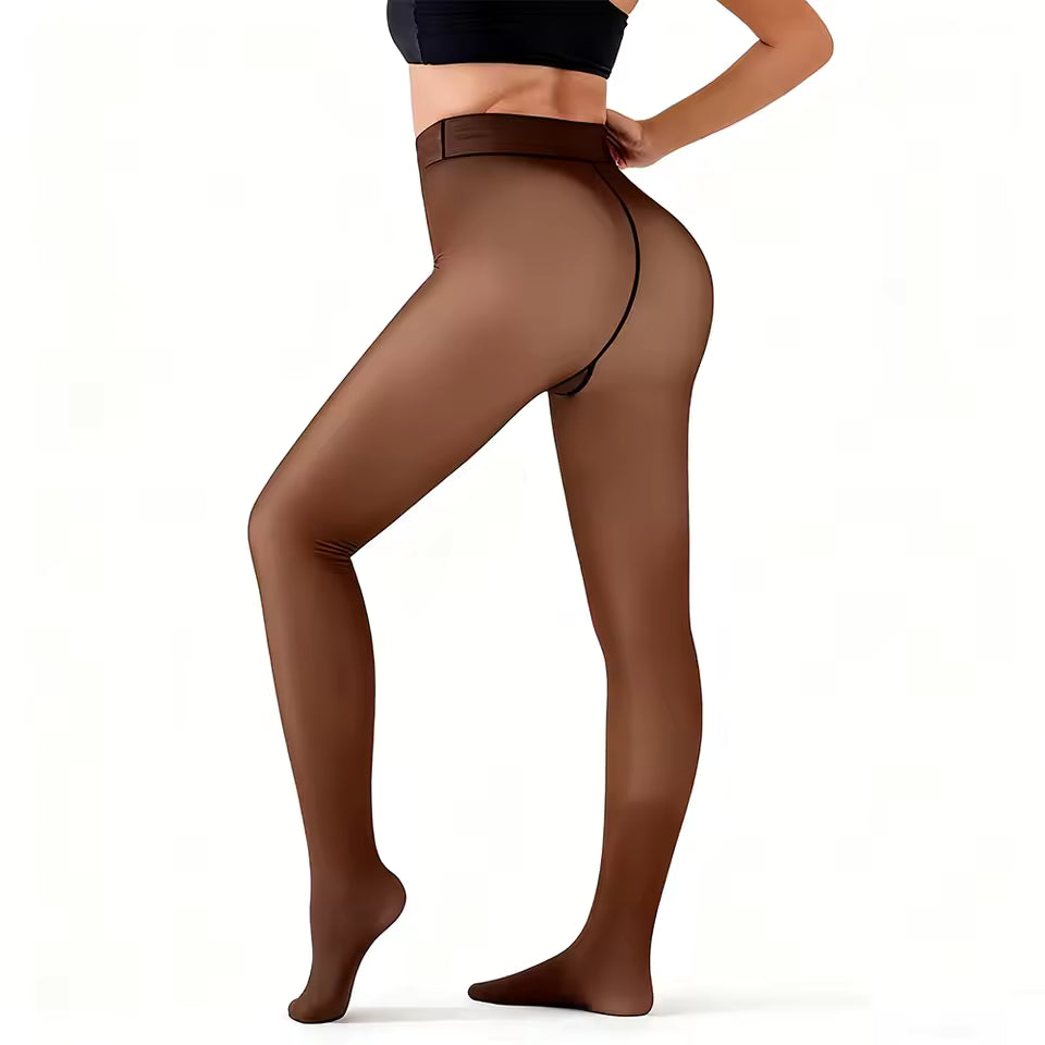 Brown tights worn by a person on a white background