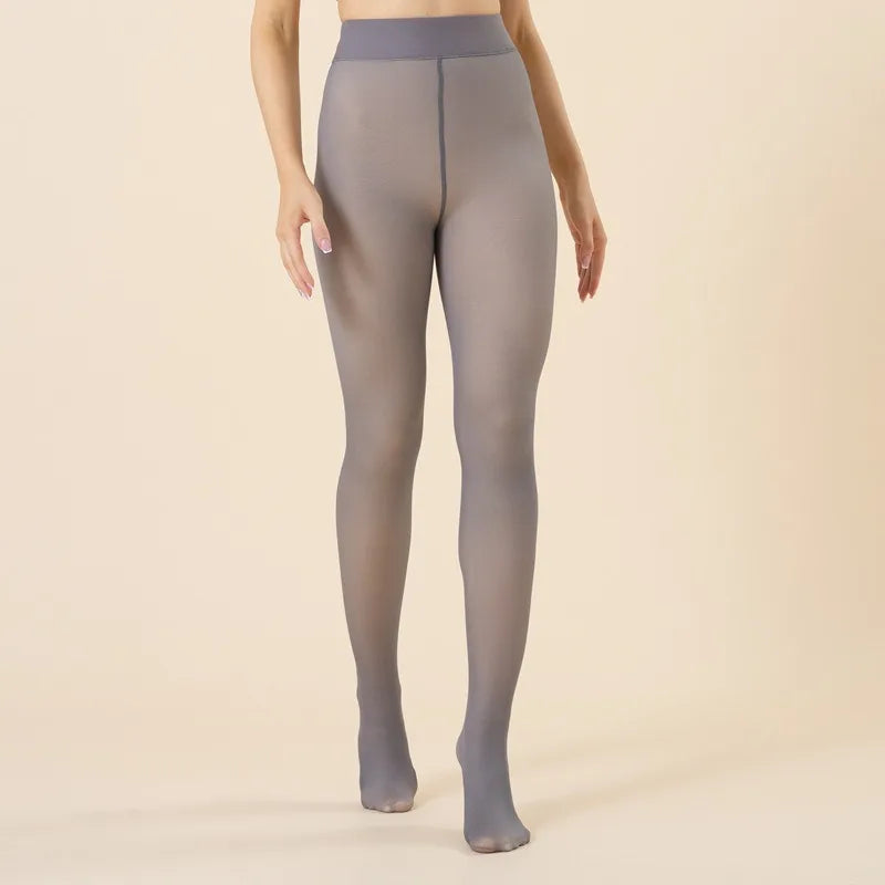 Gray tights worn by a person on a beige background